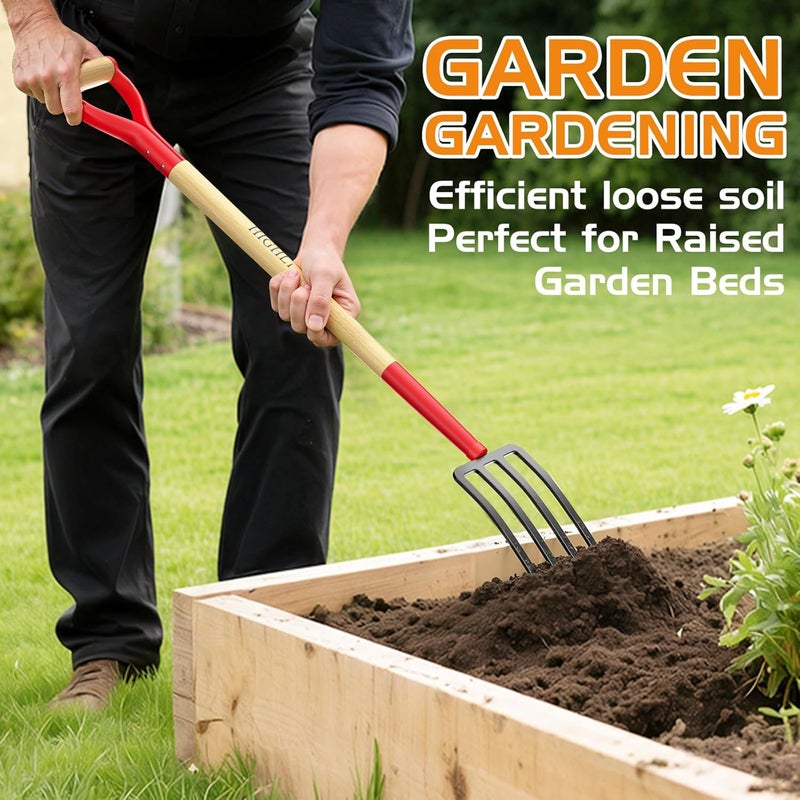 Highlight Garden Fork, 4-Tine Spading Fork, Compost Fork, Steel Digging Fork, 45Inch, Steel D-Grip, Wooden Handle - Image 1